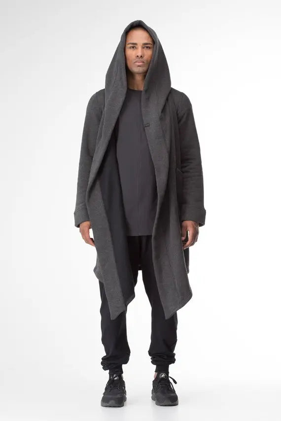 Men's Long Hooded Cardigan with Asymmetrical Hem, Deep Pockets, and Open Front Design for a Contemporary, Edgy Look