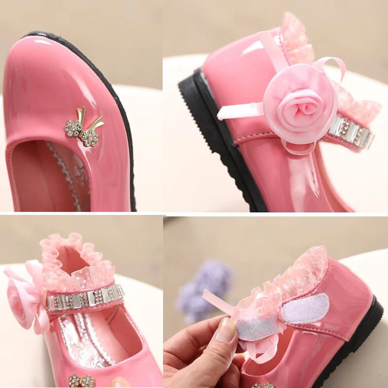 2021 New Flower Girls Shoes Spring Autumn Princess Lace PU Leather Shoes Cute Bowknot Rhinestone For 3-11 Ages Toddler Shoes