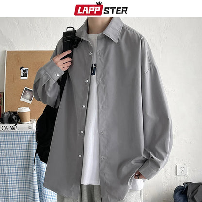 Men's Oversized Long Sleeve Casual Shirt with Turn-Down Collar and Single Breasted Closure, Ideal for Layering and Everyday Wear