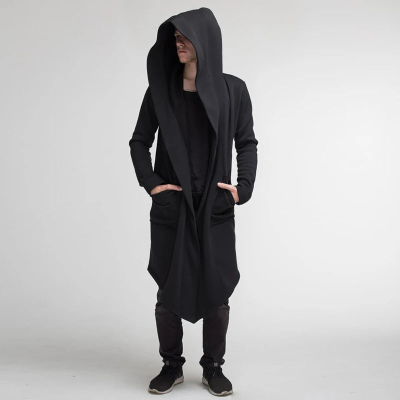 Men's Long Hooded Cardigan with Deep Front Pockets and Open Draped Design for a Modern Casual Look