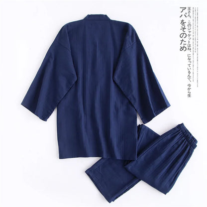 Men's Traditional Japanese Yukata Set with Short-Sleeve Top and Matching Pants for Comfortable Loungewear