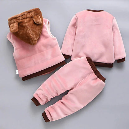 Three-Piece Toddler Plush Winter Outfit with Bear Design, Including Hoodie Vest, Long Sleeve Top, and Pants