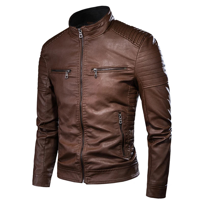 Men's Faux Leather Biker Jacket with Zipper Details and Quilted Shoulders