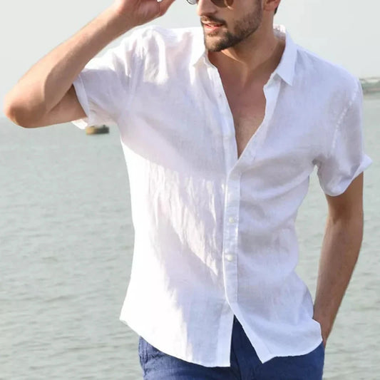 Breathable Linen Casual Shirt for Men with Short Sleeves and Button-Down Collar, Perfect for Summer Beach Outings