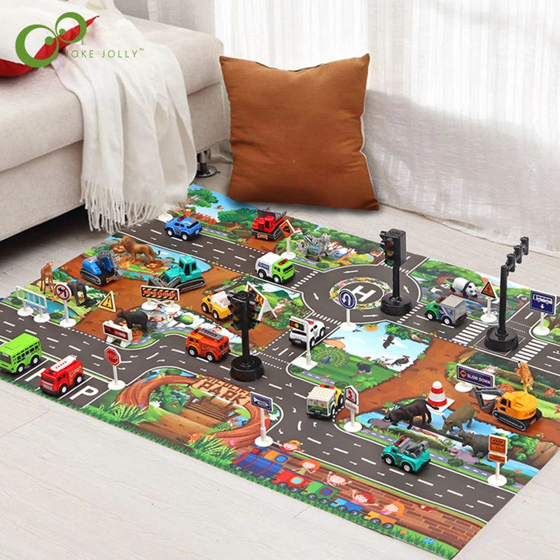 Children's Interactive Play Mat with Road Traffic Design and Educational Toy Vehicles for Early Learning and Fun