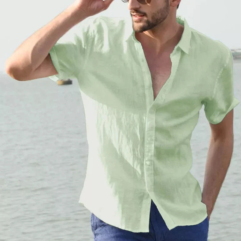 Breathable Linen Casual Shirt for Men with Short Sleeves and Button-Down Collar, Perfect for Summer Beach Outings