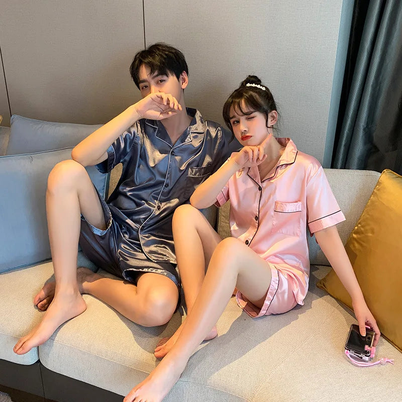 Couples' Satin Short-Sleeve Pajama Set with Button-Down Top and Piping Detail