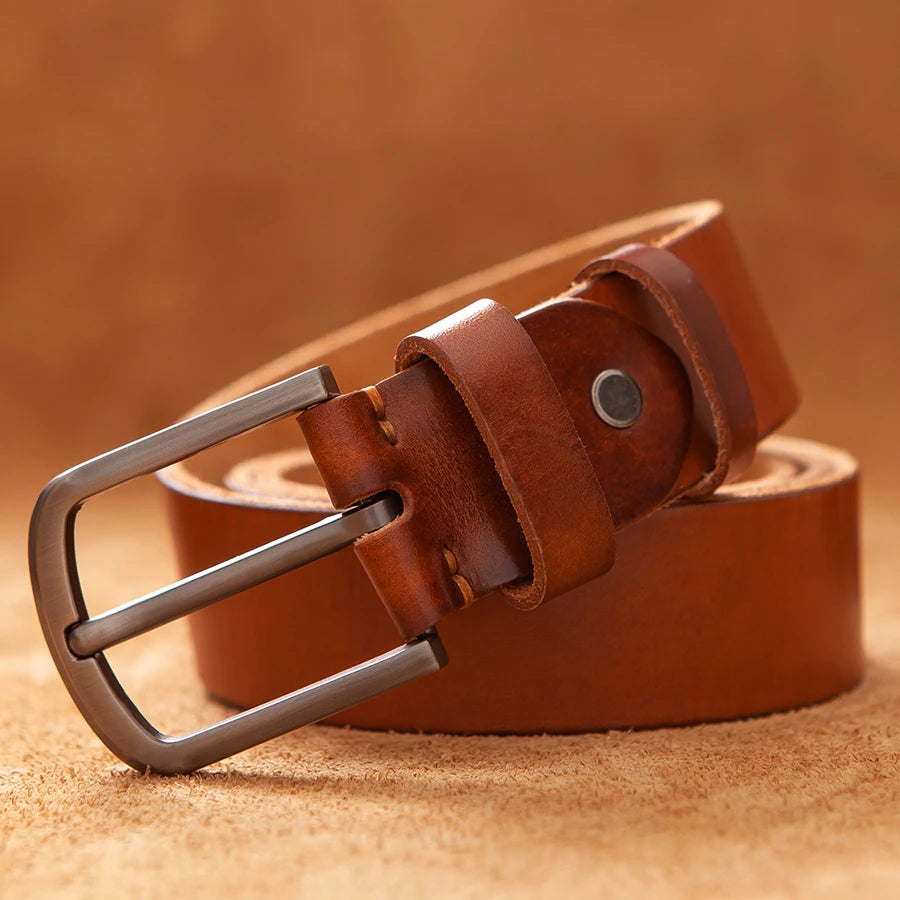 Men's Classic Genuine Leather Belt with Sturdy Pin Buckle and Double Loop Design