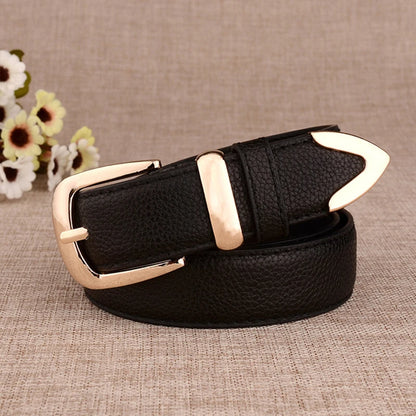 Elegant Genuine Leather Belt with Gold-Tone Western-Style Buckle for Women