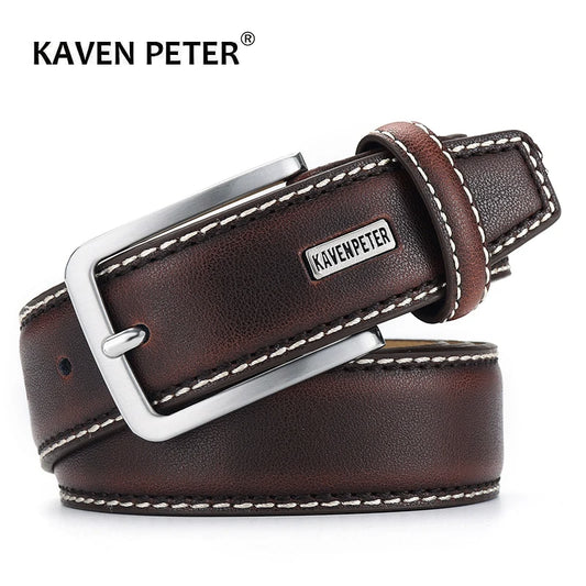 Classic Men's Leather Belt with Sturdy Metal Buckle and Contrasting Stitching