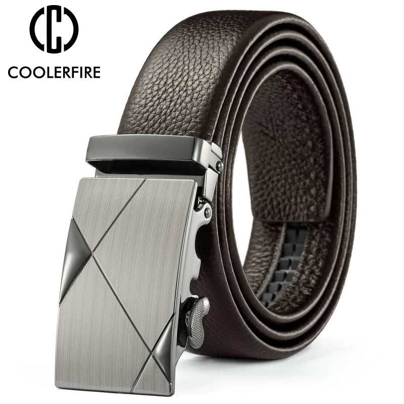 Men's Genuine Leather Belt with Sleek Automatic Ratchet Buckle and Smooth Finish