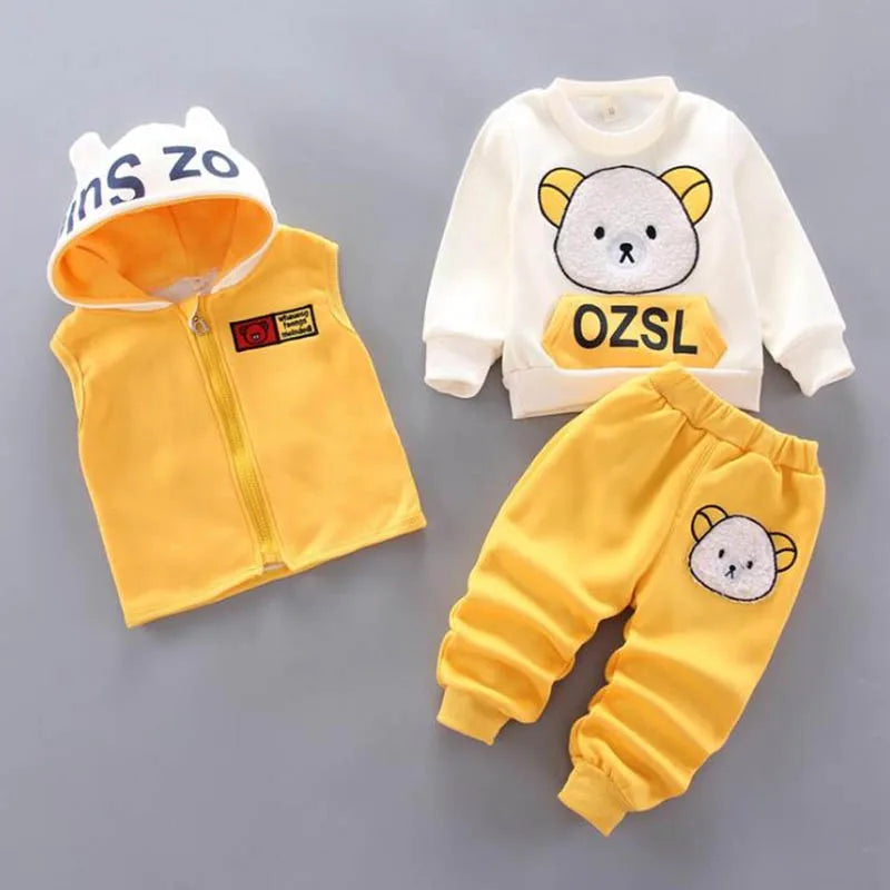 Three-Piece Toddler Plush Winter Outfit with Bear Design, Including Hoodie Vest, Long Sleeve Top, and Pants