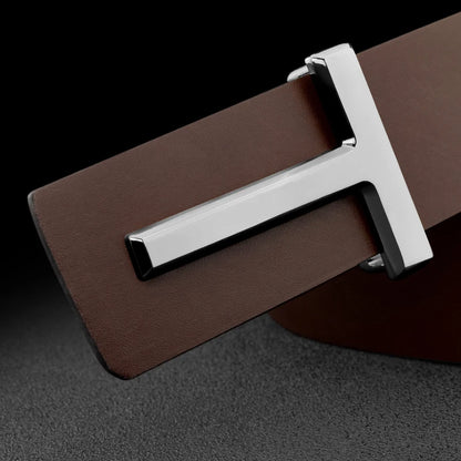 Men's Leather Belt with Sleek T-shaped Metal Buckle for a Modern and Sophisticated Look