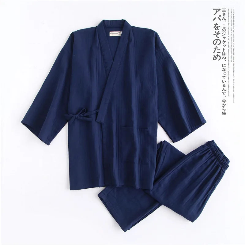 Men's Traditional Japanese Yukata Set with Short-Sleeve Top and Matching Pants for Comfortable Loungewear