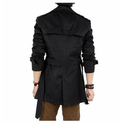 Men's Slim-Fit Double-Breasted Trench Coat with Epaulets and Adjustable Cuffs for a Sophisticated, Modern Look