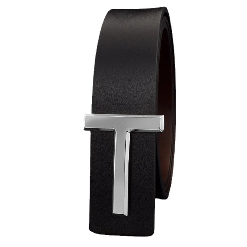 Men's Leather Belt with Sleek T-shaped Metal Buckle for a Modern and Sophisticated Look