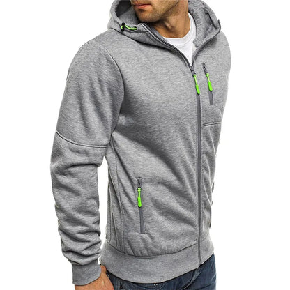 Men's Athletic Hooded Jacket with Zipper Pockets, Adjustable Drawstrings, and Comfortable Fit for Casual and Sportswear.