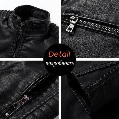 Men's Faux Leather Biker Jacket with Zipper Details and Quilted Shoulders