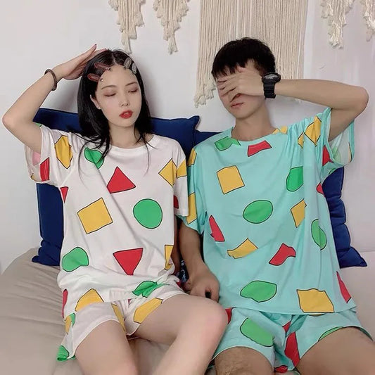 Couples Short Sleeve Geometric Print Pajama Set with Loose Fit and Soft Fabric for Comfortable Sleepwear