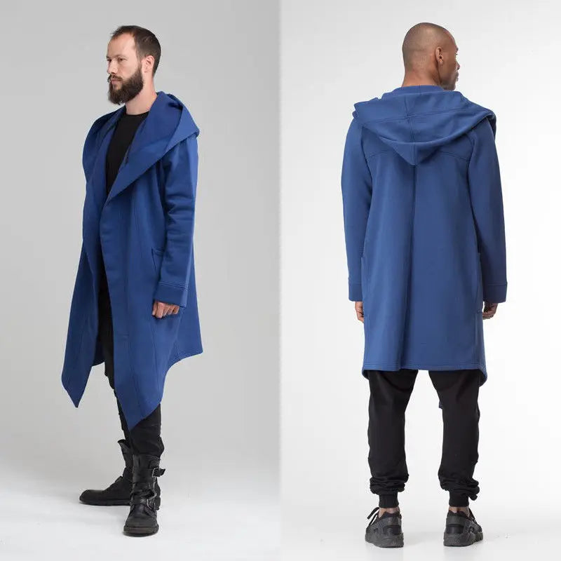 Men's Long Hooded Cardigan with Asymmetrical Hem, Deep Pockets, and Open Front Design for a Contemporary, Edgy Look