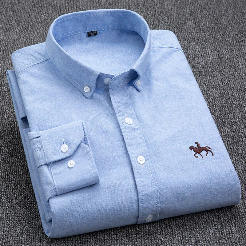 "Men's Long-Sleeve Oxford Dress Shirt with Embroidered Horse Motif and Button-Down Collar"