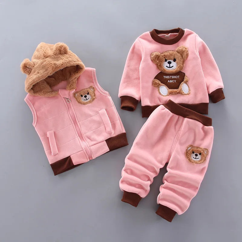 Three-Piece Toddler Plush Winter Outfit with Bear Design, Including Hoodie Vest, Long Sleeve Top, and Pants