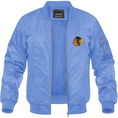 Men's Blackhawks Logo Lightweight Bomber Jacket Windbreaker Softshell Varsity Jacket Coat