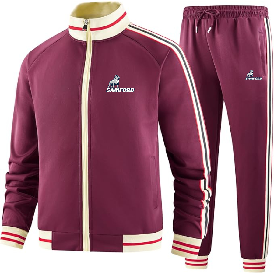 Men's Samford Bulldogs Logo Tracksuit with Bold Striped Accents and Zippered Front Athletic Wear