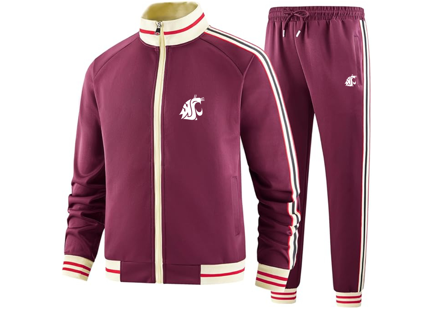 Men's Washington State Cougars Tracksuit with Bold Striped Accents and Zippered Front Athletic Wear