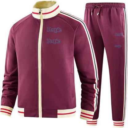 Men's People Magazine Logo Tracksuit with Bold Striped Accents and Zippered Front Athletic Wear