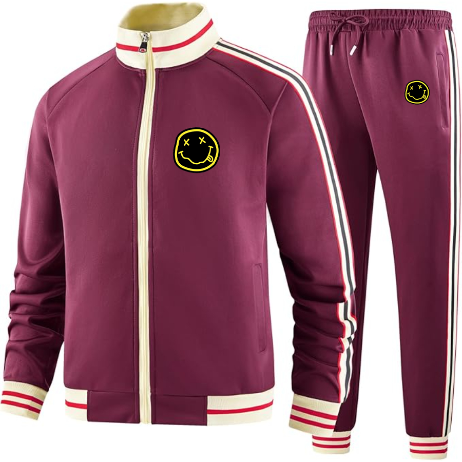 Men's Nirvana Yellow and Black Face   Two Piece Designer Tracksuit with Bold Striped Accents and Zippered Front Elevated Athletic Wear