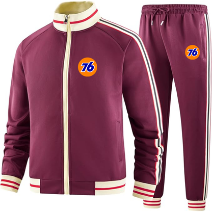 Men's 76 Gas Station  Two Piece Designer Tracksuit with Bold Striped Accents and Zippered Front Elevated Athletic Wear