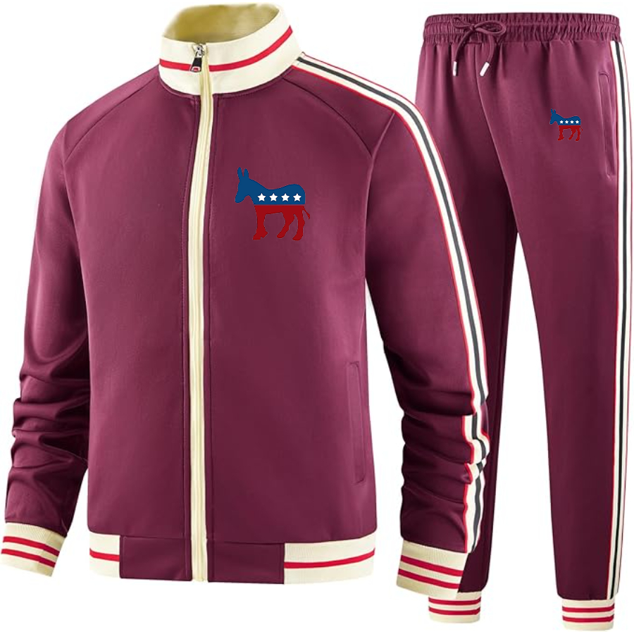 Men's  Democrat Election Symbol Two Piece Designer Tracksuit with Bold Striped Accents and Zippered Front Elevated Athletic Wear