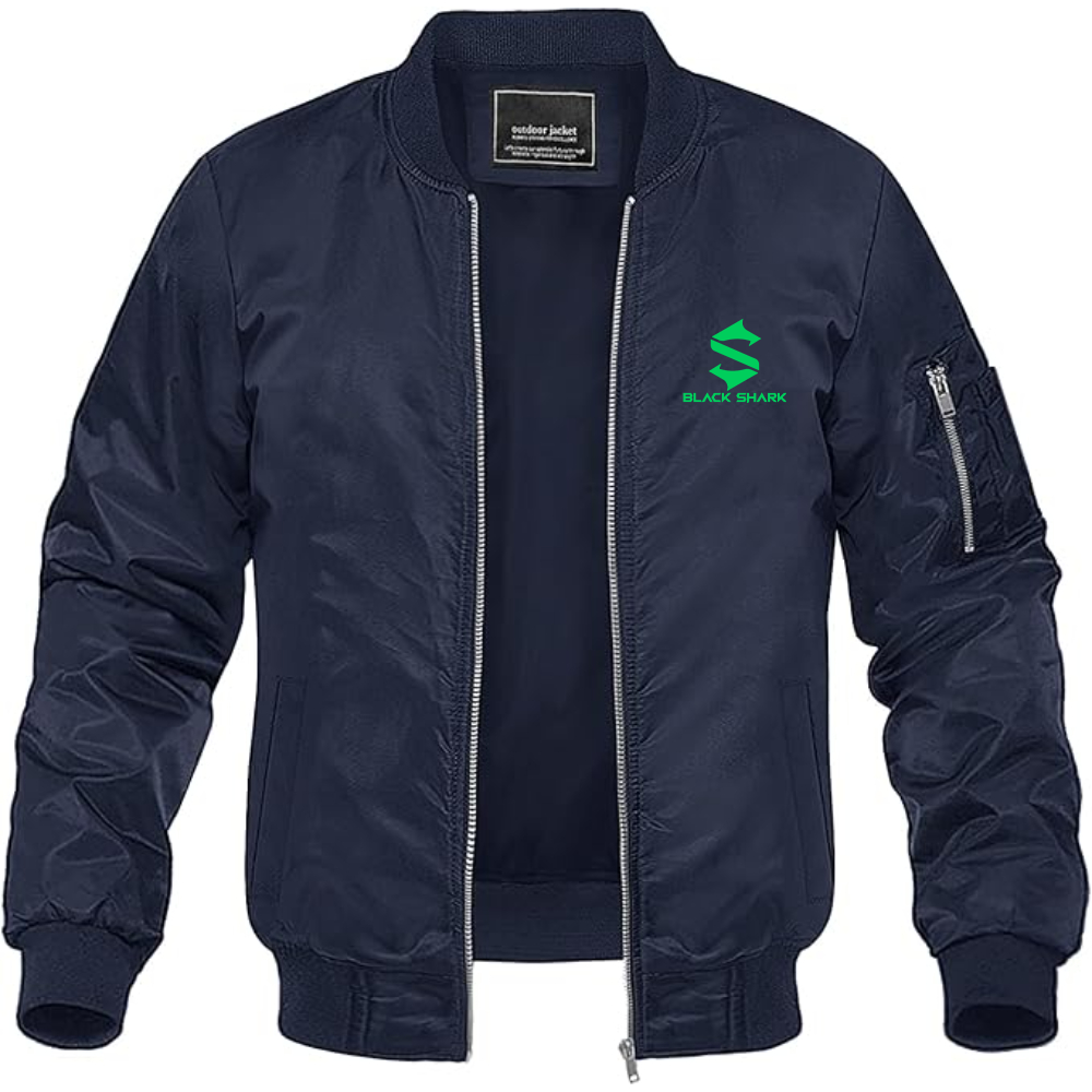 Men's Black Shark Logo Lightweight Bomber Jacket Windbreaker Softshell Varsity Jacket Coat