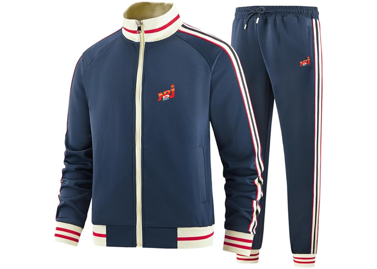 Men's NRJ 12 Logo  Tracksuit with Bold Striped Accents and Zippered Front Athletic Wear