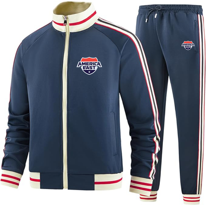 Men's   America East Conference Two Piece Designer Tracksuit with Bold Striped Accents and Zippered Front Elevated Athletic Wear