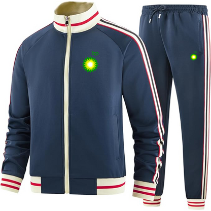 Men's BP Oil Logo Tracksuit with Bold Striped Accents and Zippered Front Athletic Wear