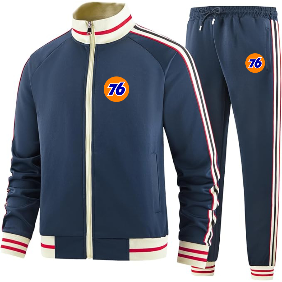 Men's 76 Gas Station  Two Piece Designer Tracksuit with Bold Striped Accents and Zippered Front Elevated Athletic Wear