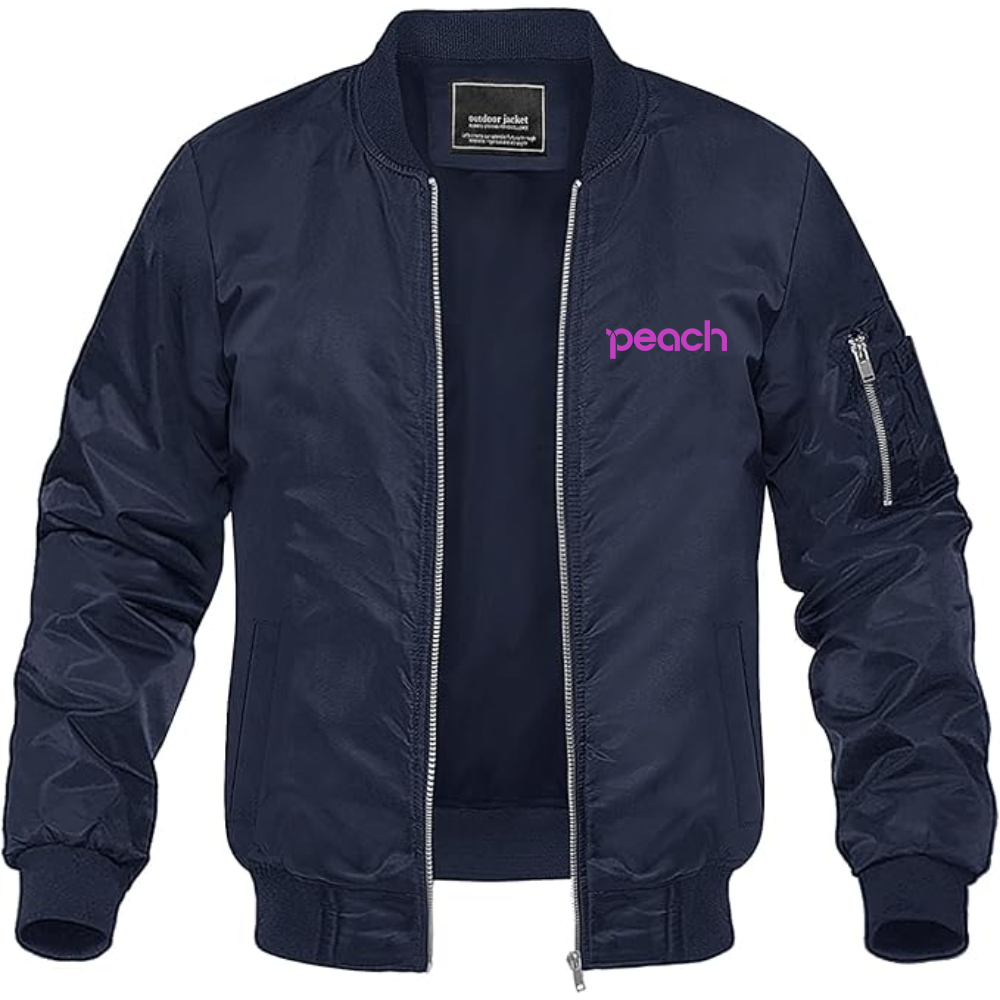 Men's Peach Aviation Logo Lightweight Bomber Jacket Windbreaker Softshell Varsity Jacket Coat