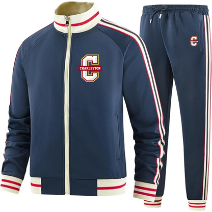 Men's Charleston Cougars Two Piece Designer Tracksuit with Bold Striped Accents and Zippered Front Elevated Athletic