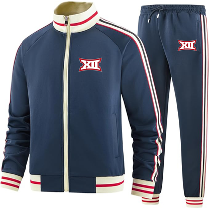 Men's Big 12 Conference  Two Piece Designer Tracksuit with Bold Striped Accents and Zippered Front Elevated Athletic Wear