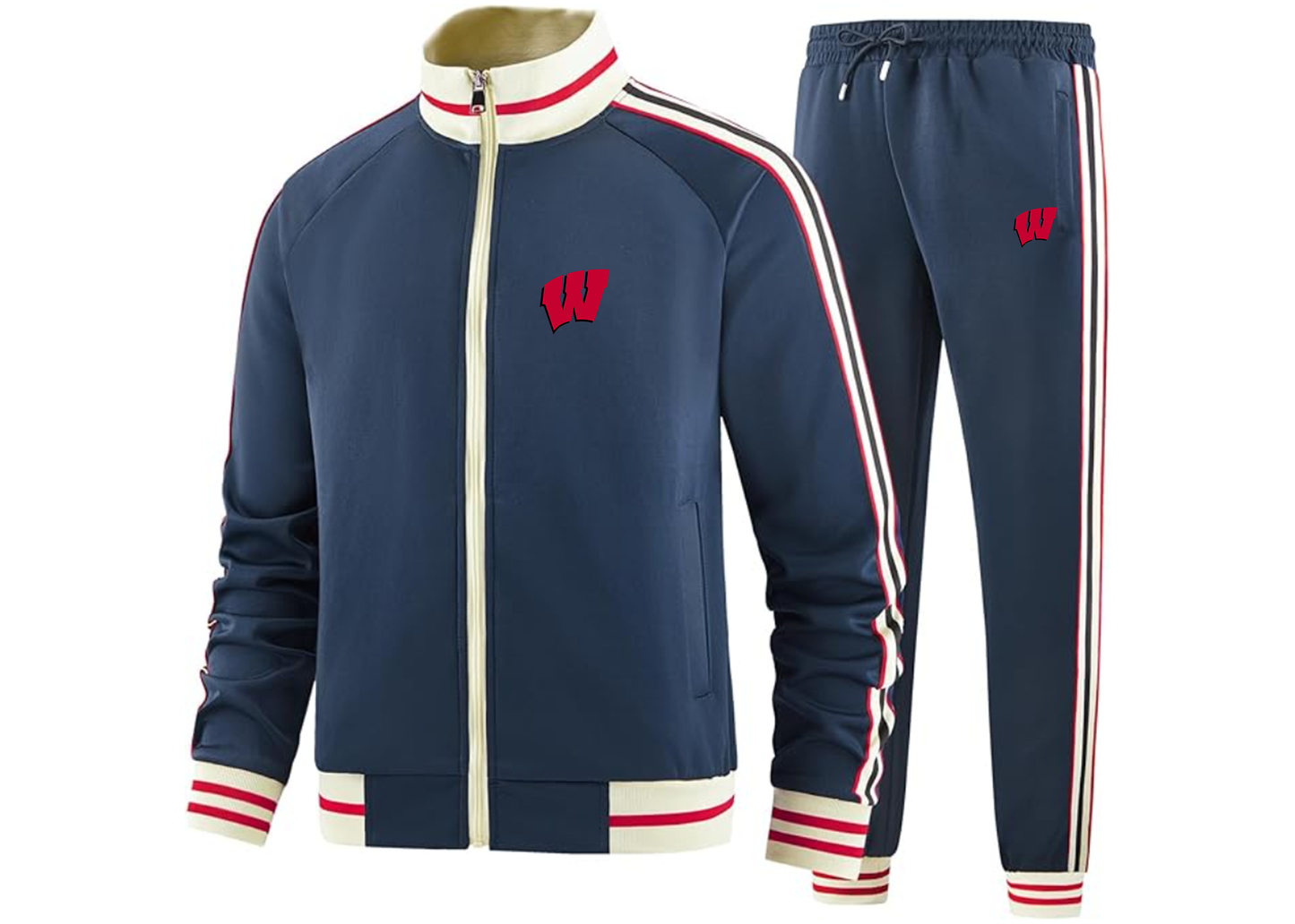 Men's Wisconsin Badgers Tracksuit with Bold Striped Accents and Zippered Front Athletic Wear