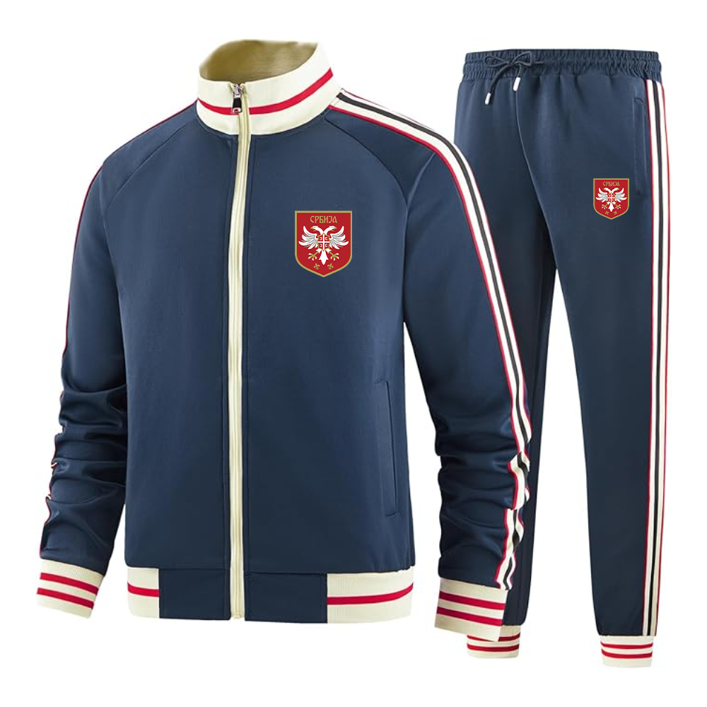 Men's Serbia National Football Soccer Team Logo  Tracksuit with Bold Striped Accents and Zippered Front Athletic Wear