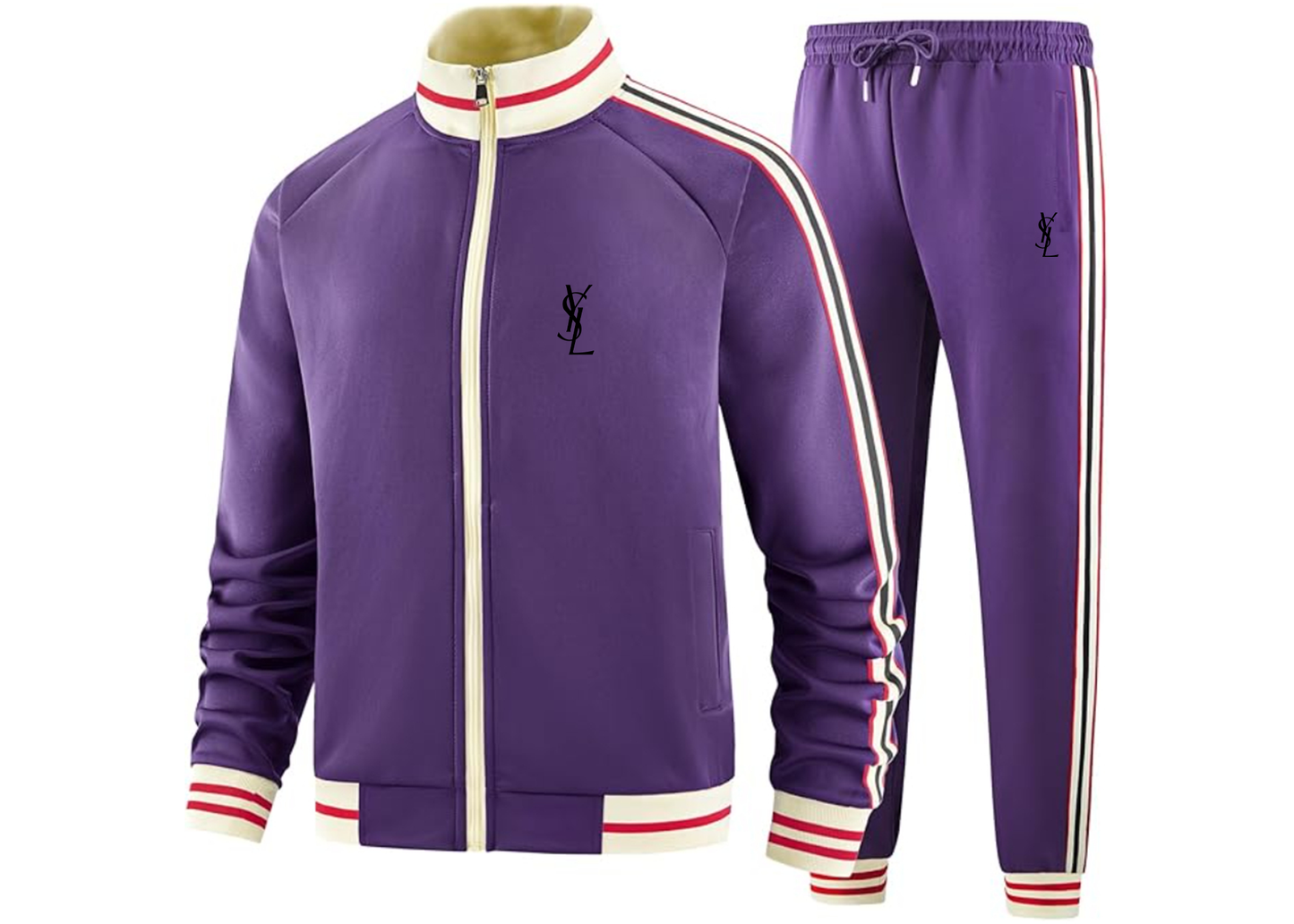 Men's YSL Tracksuit with Bold Striped Accents and Zippered Front Athletic Wear
