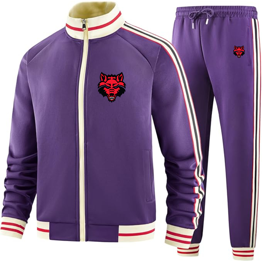 Men's   Arkansas State Red Wolves Two Piece Designer Tracksuit with Bold Striped Accents and Zippered Front Elevated Athletic Wear