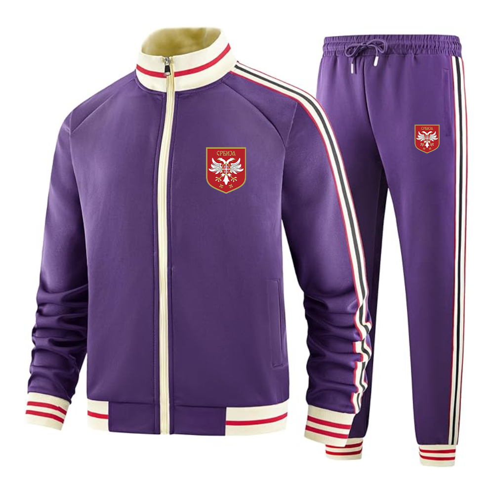 Men's Serbia National Football Soccer Team Logo  Tracksuit with Bold Striped Accents and Zippered Front Athletic Wear