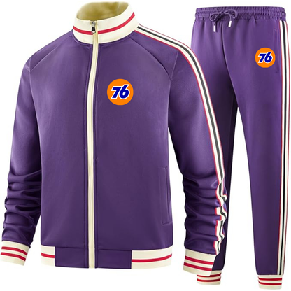 Men's 76 Gas Station  Two Piece Designer Tracksuit with Bold Striped Accents and Zippered Front Elevated Athletic Wear