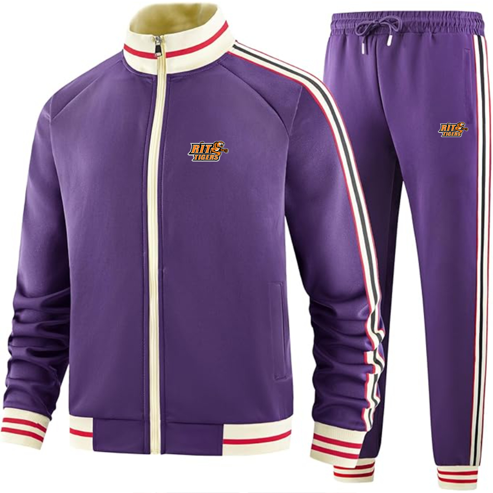 Men's RIT Tigers Logo Tracksuit with Bold Striped Accents and Zippered Front Athletic Wear