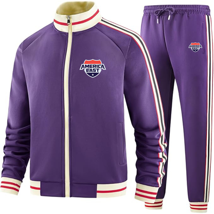 Men's   America East Conference Two Piece Designer Tracksuit with Bold Striped Accents and Zippered Front Elevated Athletic Wear