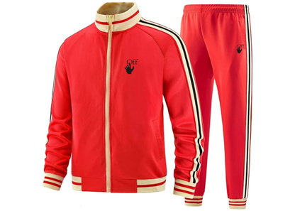 Men's Off-White Hand Tracksuit with Bold Striped Accents and Zippered Front Athletic Wear
